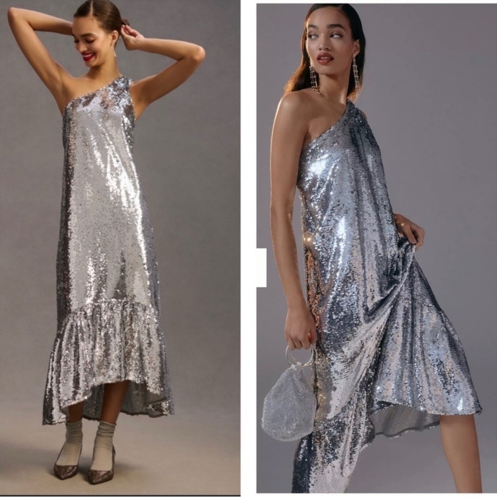 Maeve by Anthropologie Silver One-Shoulder Sequin Dress